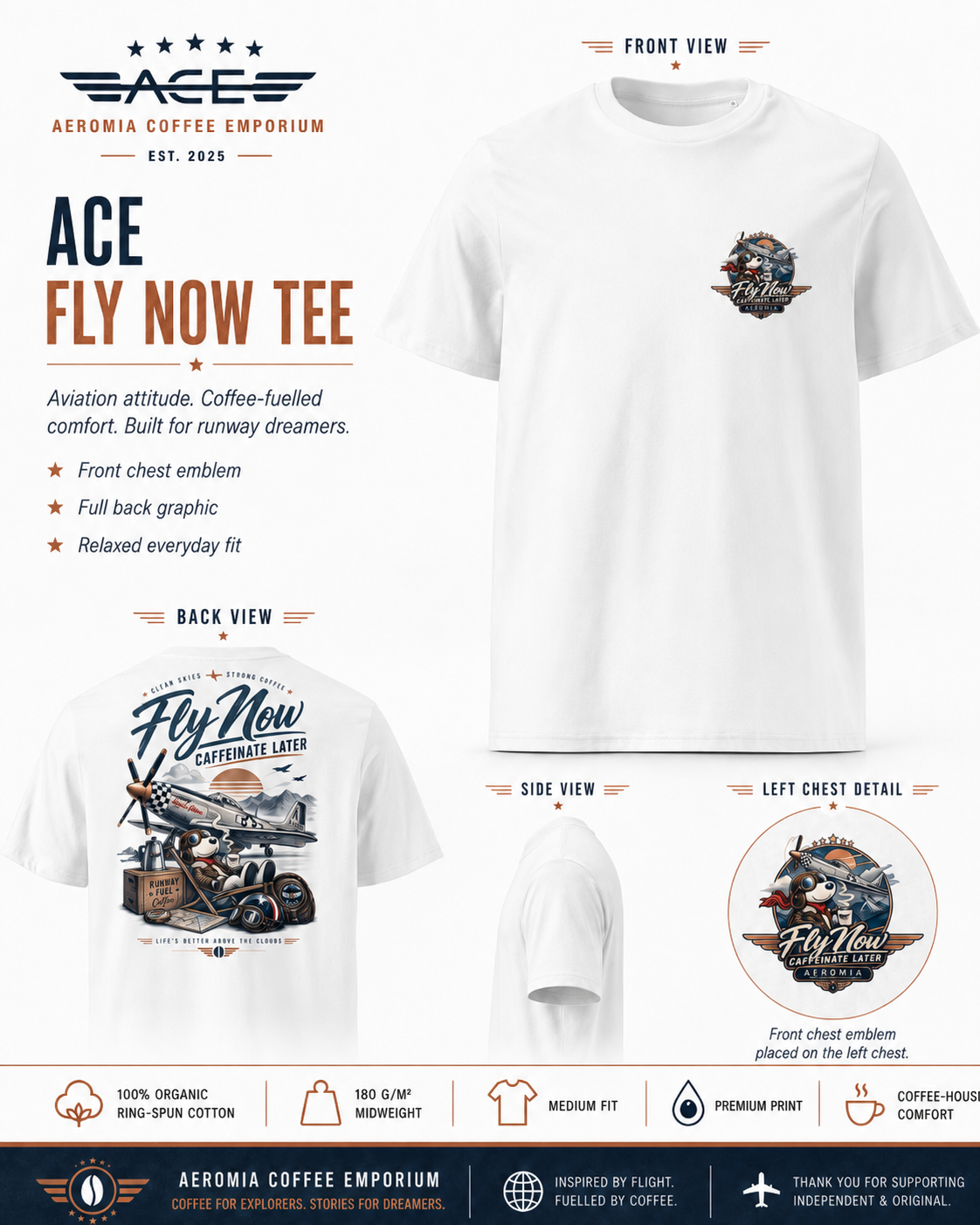 ACE Aeromia “Fly Now, Caffeinate Later” Organic Cotton Aviation Tee