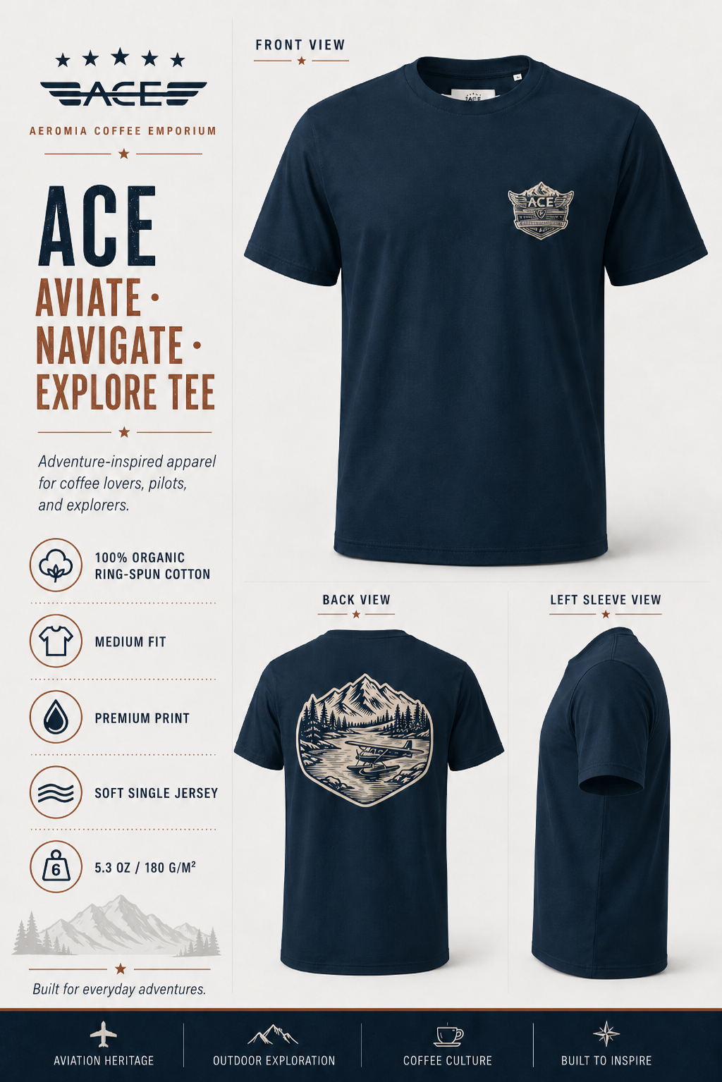 ACE - Aviate. Navigate. Explore. Organic Cotton T-Shirt